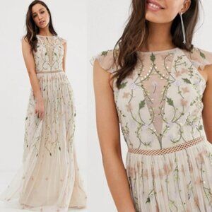 New! ASOS Tan Floral Embroidered Sequins Maxi Dress Size 12 26504
